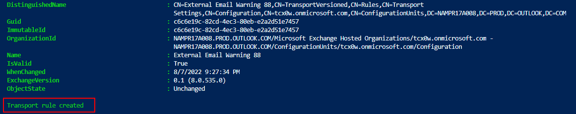 PowerShell Results when Creating a Transport Rule
