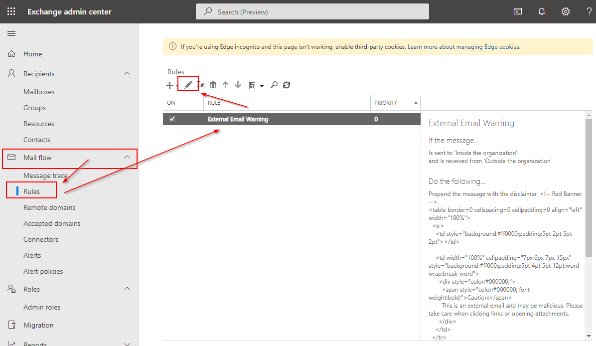 Edit the Transport Rule in Exchange Online